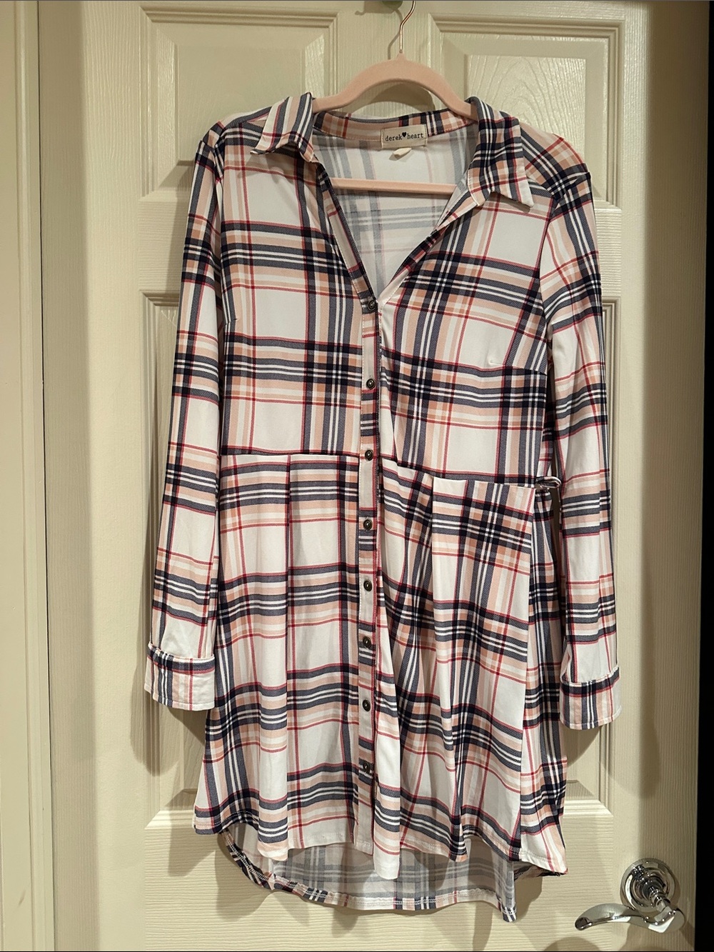 Derek Heart White Plaid Button-Front Tunic with Navy & Red Stripes